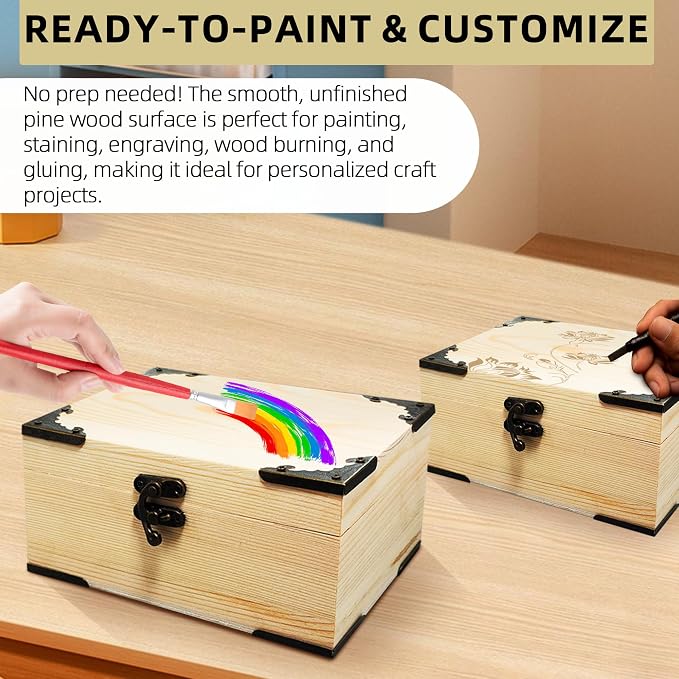6.7"x5.1"x3.1" Unfinished Unpainted Wooden Box with Hinged Lid for Crafts DIY, Storage Jewelry Plain Pine Box with 4 Pcs Retro Style Decorative Corner Protectors