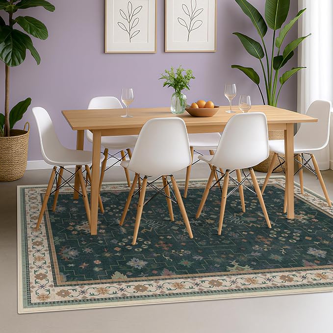 Vintage Dark Green 6x9 Dining Room Rugs for Under Kitchen Table - Washable Livinig Room Rug - Unique Floral Pastel Low Pile Non-Slip Large Area Rugs for Bedroom