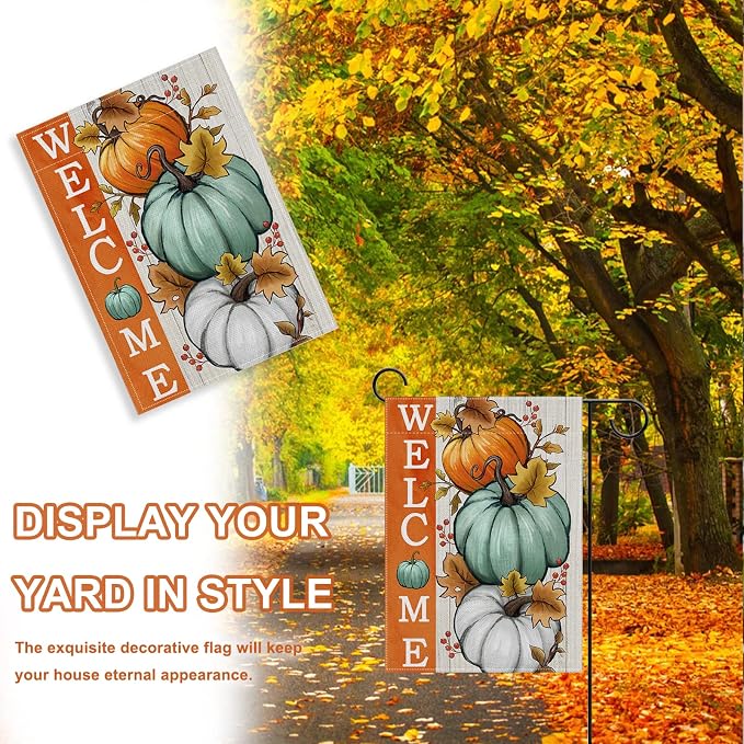 Welcome Fall Pumpkins Decorative Garden Flag, Autumn White Teal Pumpkin Farmhouse Yard Outside Decorations, Thanksgiving Seasonal Burlap Outdoor Small Home Decor Double Sided 12 x 18