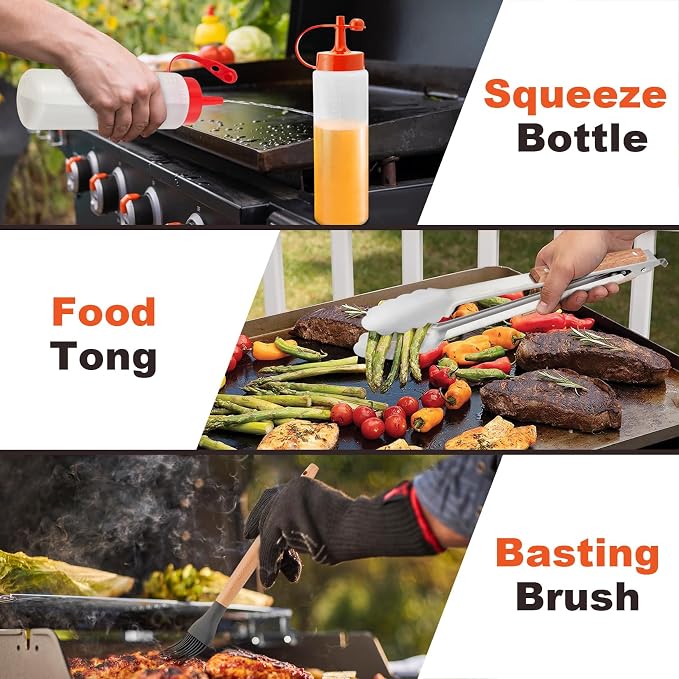 8Pcs Griddle Accessories Kit for Blackstone, Joyfair Flattop Grilling Accessory Tool Set with Stainless Steel burger Spatula Turner, Metal Flipper, For Outdoor BBQ Teppanyaki Hibachi, (Wooden Handles)