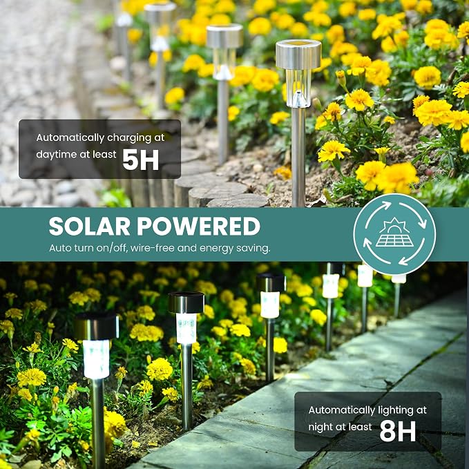 GIGALUMI 24 Pack Solar Lights Outdoor Waterproof,Stainless Steel LED Solar Garden Lights, Solar Pathway Lights Outdoor, Outdoor Solar Lights for Yard, Patio, Lawn and Landscape(Cold White)