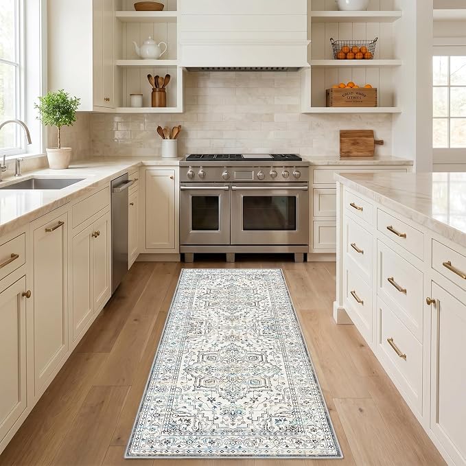 Vintage Washable 2x6 Runner Rug, Non-Slip Low-Pile Elegant Persian Rug for Kitchen Hallway Bathroom Bedroom Beside Laundry Room RV Interior, Stain Resistant Traditional Indoor Rug, Neutral Cream Blue