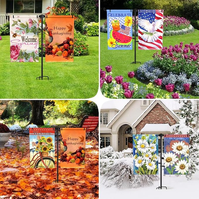 Garden Flag Stand Holder w/4-Prong Base, 3/4 Inch Extra Thick Heavy Duty Yard Flag Holder for Double Small Flags 12x18, Garden Flag Pole for Outside Patio Decor