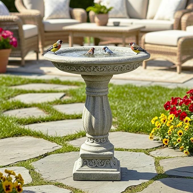 SKYFIRE 23.8" Tall Pedestal Bird Bath for Outdoor, Antique Weathered Concrete Birdbath with Decorative Carving, Durable Freestanding Fiber-Reinforced Cement Bird Bath for Garden, Patio, Lawn, Backyard