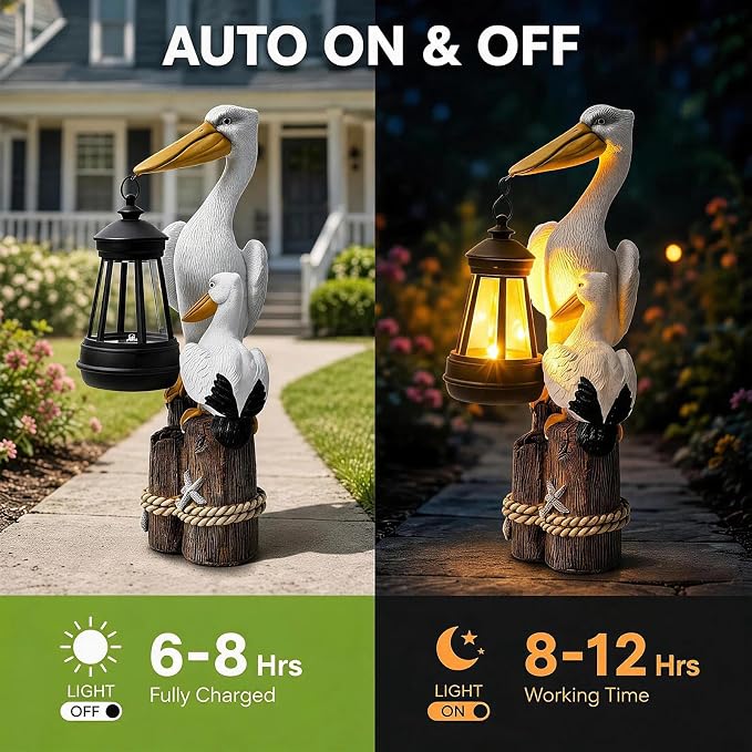 Solar Pelican Garden Statue with LED Lantern, 11.4 Inch Hand-Painted Resin Outdoor Figurine Light for Patio Lawn Yard, Coastal Bird Gift for Women Mom Grandma