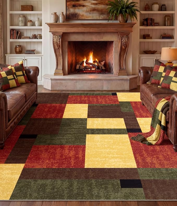 Red and Green Rug 8x10, Burgundy Farmhouse Vintage Rugs Washable for Living Room,Burnt Orange Area Rug Non Slip,Geometric Boho Area Rug for Kitchen,Dining Room,Bedroom