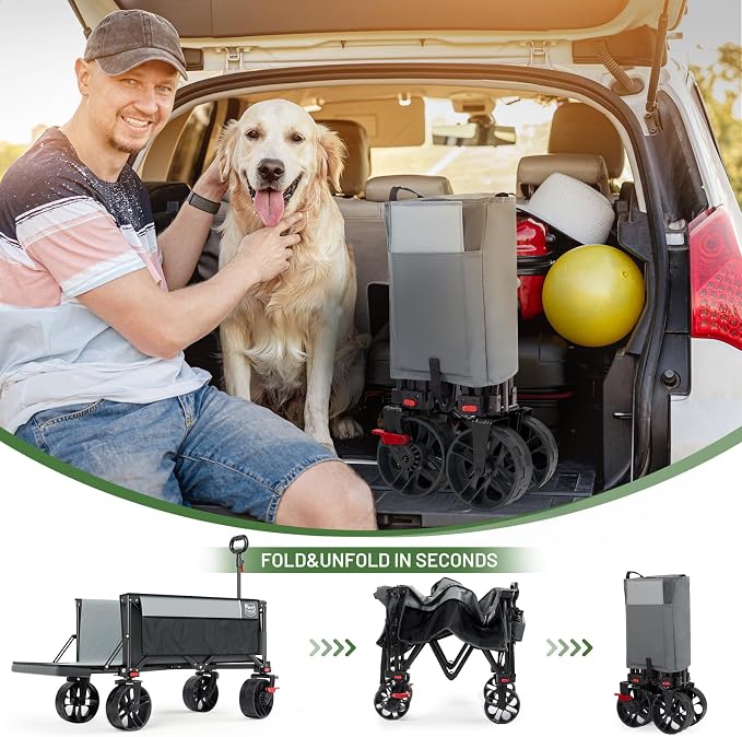Timber Ridge 47" L Collapsible Folding Wagon with Tailgate, 300 lbs Heavy Duty Beach Wagon with All-Terrain Big Wheels, 250L Foldable Utility Cart for Sand Camping Sports Shopping, Grey