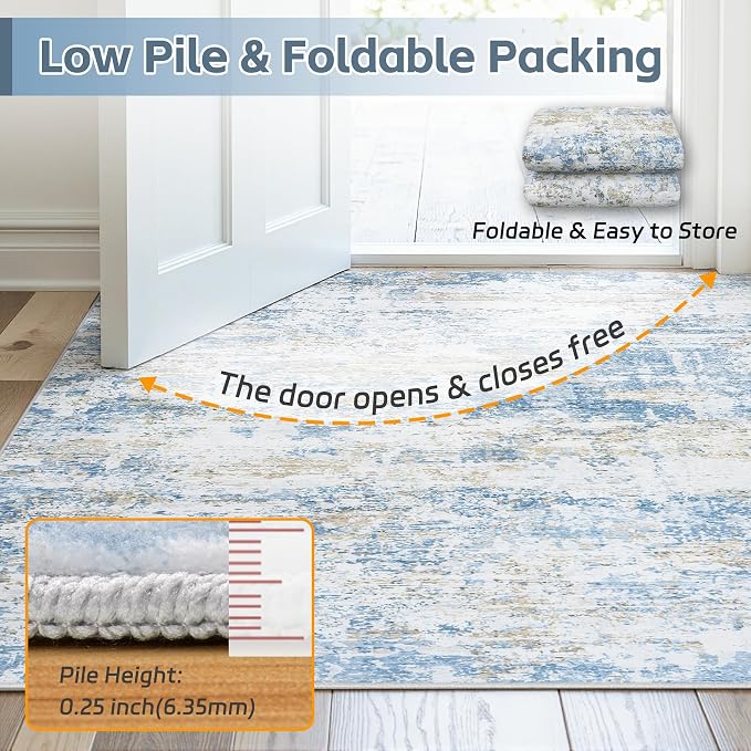 9x12 Area Rugs for Living Room: Washable Soft Blue White Abstract Carpet | Non-Slip TPE & Stain Resistant,0.25" Low-Pile,Kids Pet Friendly Modern Decor for Dining Room Farmhouse Office, Non-Shedding