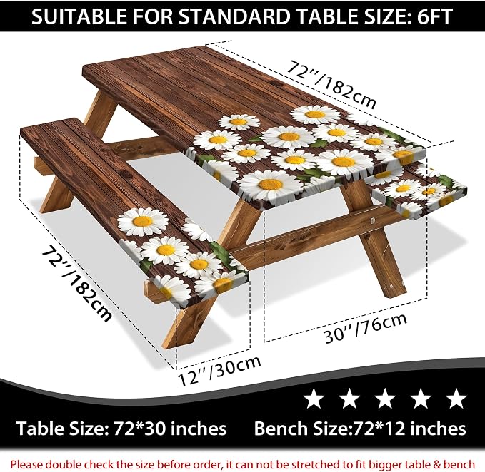 Picnic Table Cover with Bench Covers 6FT Chamomile Daisy Flowers Waterproof Fitted Picnic Table Cloths Wood Texture Outdoor Elastic Picnic Tablecloth Outdoor Camping Essentials(3pcs-72)