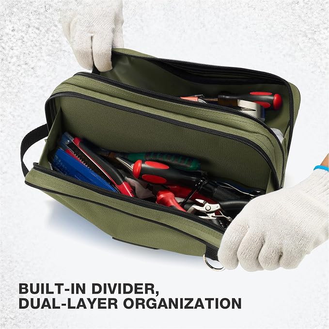 HISEA Small Tool Bag, 12 Inch Tools Pouch with 2 Pockets and Adjustable Shoulder Strap, Small Tool Organizer and Storage with Zipper for Electrican, Travel, Green
