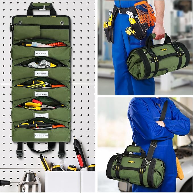 Tool Bag,Large Roll Up Tool Bag Organizer,13 Pockets Tool Roll Storage Pouch,Heavy Duty Portable Tool Storage Carrier Bag for Men,Mechanic,Electrician,Valentines Day Gifts for Men,Green