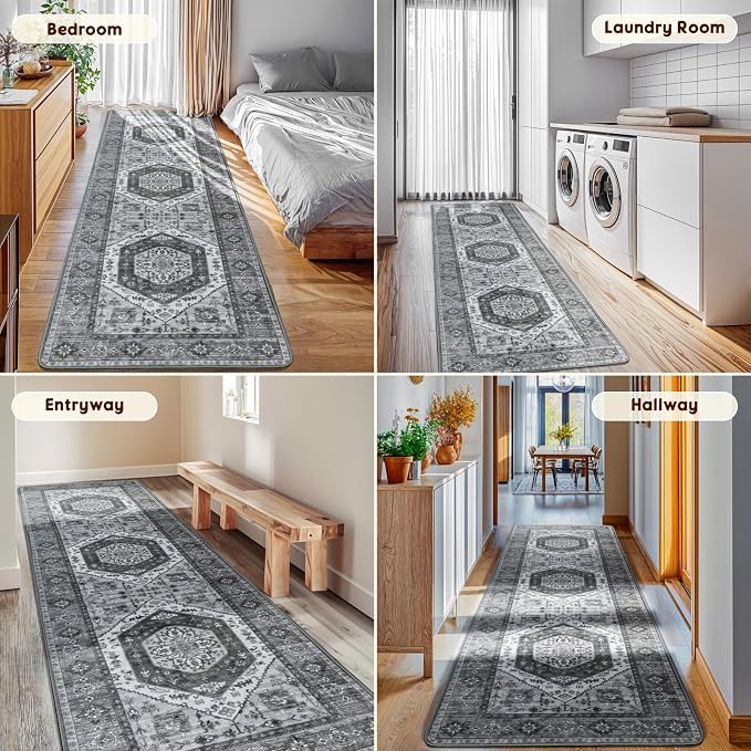LBRO2M Machine Washable Rug Soft Pet Friendly Carpet 2X10 Dark Gray | Persian Runner Rug 2X10 for HallWay, Bedroom, Kitchen, Laundry Room, Non Slip Carpet, Foldable Stain Resistant Rugs