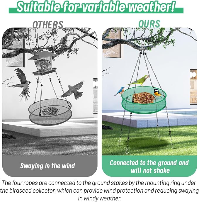 2Pcs Bird Seed Catcher Tray for Hanging Bird Feeder Platform, 20'' Birdfeeder Trays with Wind Rope and Stakes, Birdseed Hoop for Hummingbird Feeders Bee Feeder Outdoor Garden Accessories
