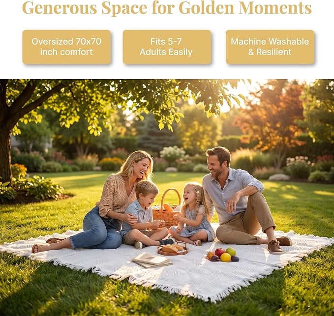 70"x 70" Picnic Blanket Extra Large,Layer Outdoor Blanket for 5 to 7 Adults,Camping Grass Lawn Park Accessories Cute Couple Gifts Ideas Wedding Registry for Park, Beach (Cream)