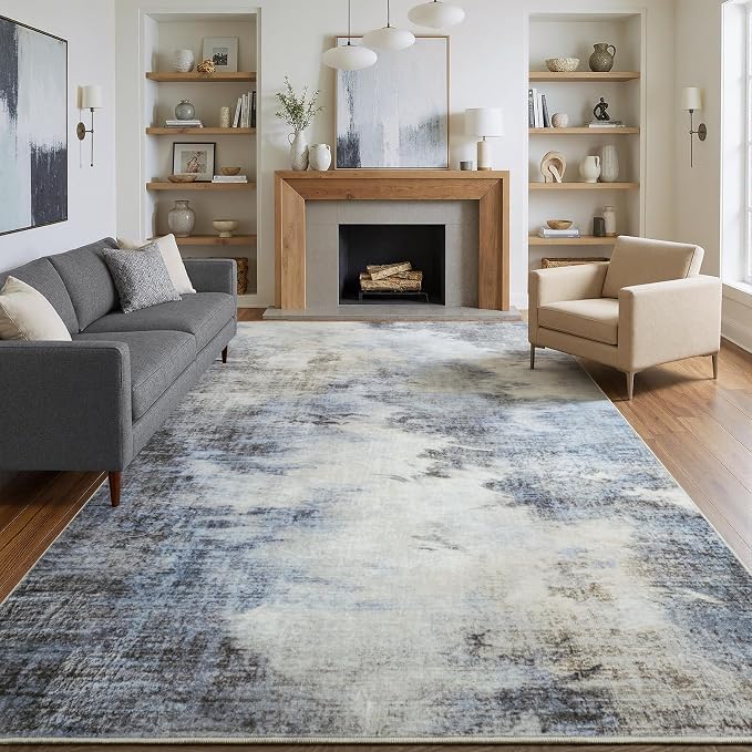 4x6 Modern Abstract Washable Area Rug for Living Room Soft Non-Slip | Low Profile Rugs for Bedroom, Cool Floor Carpet for Dining Room, Office, Kids Nursery Home Decor, Misty Blue Beige Gray