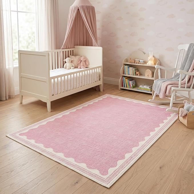 Garvee Scalloped Rug 5x7 Washable Living Room Rug Non Slip Modern Rugs Pink | Ultra Soft Non-Shedding Floor Cover Low Pile Stain-Resistant Bordered Print Throw Carpet for Bedroom Kids Room Dorm