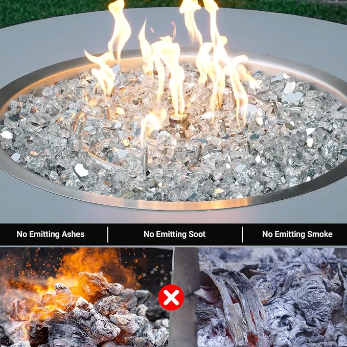 Skyflame 15LB Fire Pit Glass, High Luster Tempered Fire Glass Pellets for Fire Pit Table and Fire Bowl, 1/2-Inch Platinum