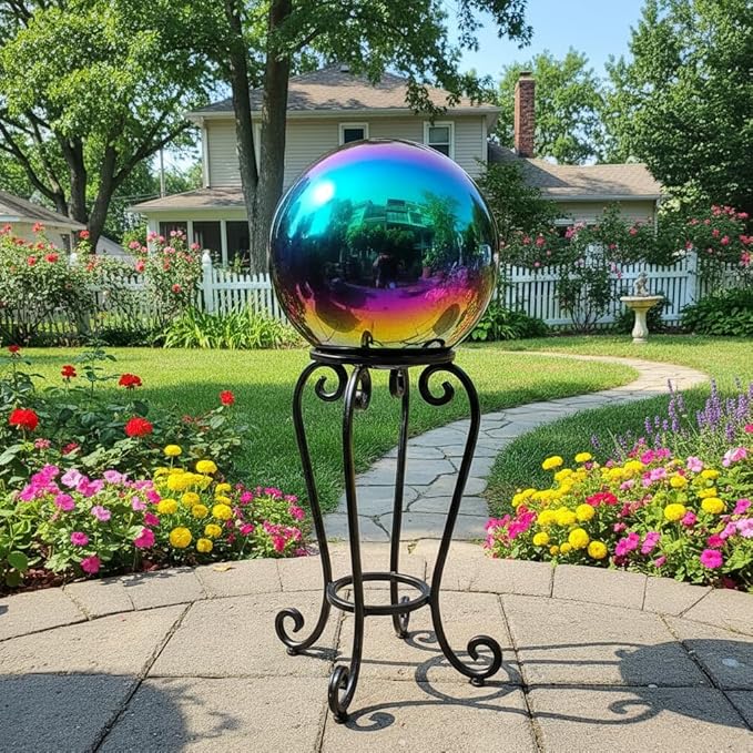35cm/14 inch Garden Sphere Mirror Gazing Ball,Rainbow Stainless Steel Polished Reflective Smooth Hollow Globe Ball,Durable Colorful and Shiny Decorations Addition to Garden Patio Yard Home
