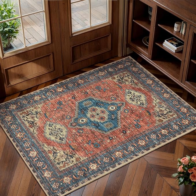 Tangsoo Oriental 2x3 Washable Entryway Rugs, Non Slip Small Area Rug | Vintage Indoor Front Door Rug, Boho Print Door Mat Low Pile Throw Rugs for Entrance Entry Kitchen Bedroom Bathroom Terracotta