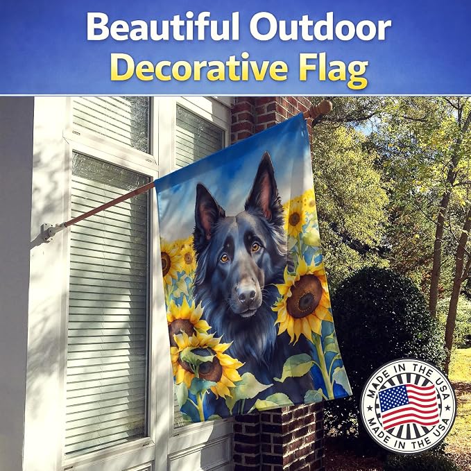 Caroline's Treasures DAC6023CHF Belgian Sheepdog in Sunflowers House Flag Large Porch Sleeve Pole Decorative Outside Yard Banner Artwork Wall Hanging, Polyester, House Size, Multicolor