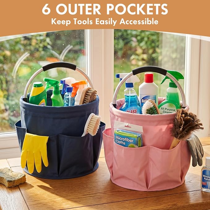 LemonRoad 4 Pack Cleaning Caddy with Handle 17L Foldable Cleaning Supplies Organizer Oxford Cloth Storage Basket with 6 Pockets Portable Multi Bucket Bag for Home Garden (Black,Beige,Navy Blue,Pink)