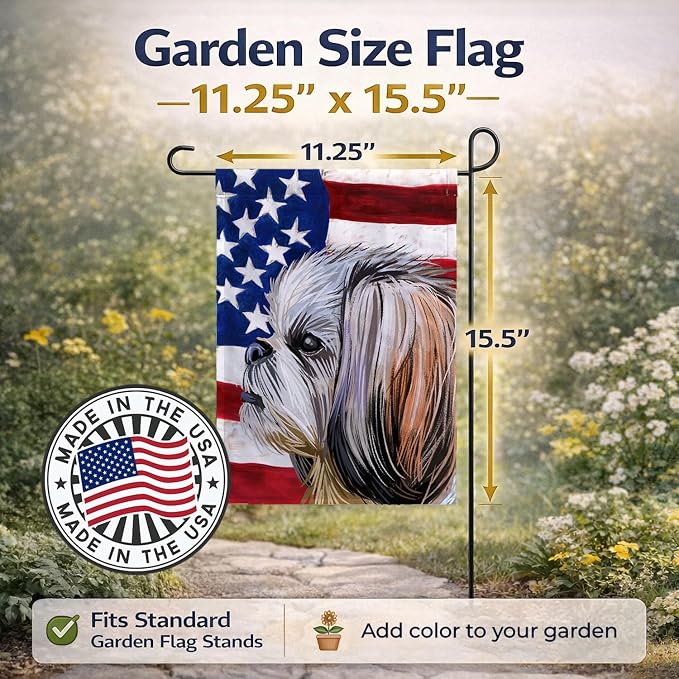 Caroline's Treasures CK6705GF Shih Tzu Dog American Flag Garden Flag Mailbox Flag Decorative Yard Flag Banner Outside Patio Artwork Yard Flower Beds, Garden Size, Multicolor