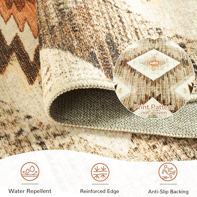 Area Rug 2x6 Rug Machine Washable Non-Slip Low Pile Print Pattern Western Rug for Living Room Bedroom Entryway Tribal Series -Cream/Camel | Soft Western No Slip Low Pile Print Foldable Indoor Small Rug for Kitchen entrance entryway hallway