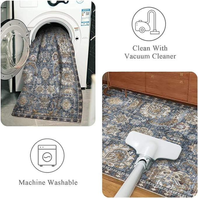 Washable Area Rugs - Perfect for Living Room, Bedroom, Kids Room, Nursery - Stain & Water Resistant Non-Slip, Pet & Child Friendly, Vintage Tribal Area Rugs (Navy, 9' x 12')