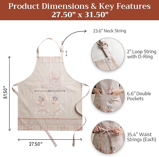 Maison d' Hermine Aprons for women with Pocket 100% Cotton (27.50"x31.50") | Adjustable Neck Strap & long ties Apron Men Chef Wedding Cooking Gardening Server Maid