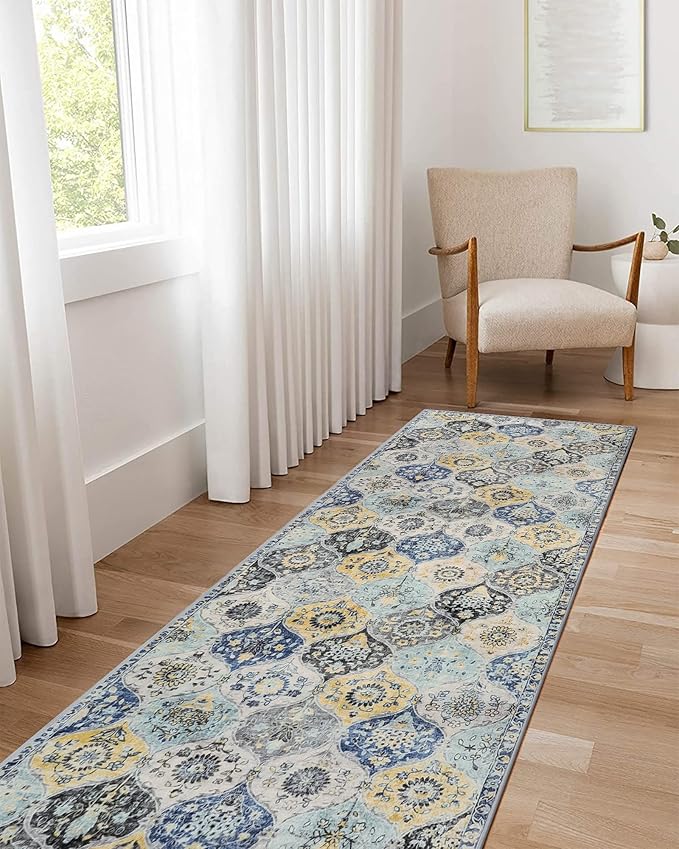 Lahome Moroccan Washable Hallway Runner, 2'5''x8' Kitchen Runner Non Slip | Ultra-Thin Oriental Laundry Room Rug Carpet for Entryway Bedroom Bathroom Elise, Yellow/Aqua