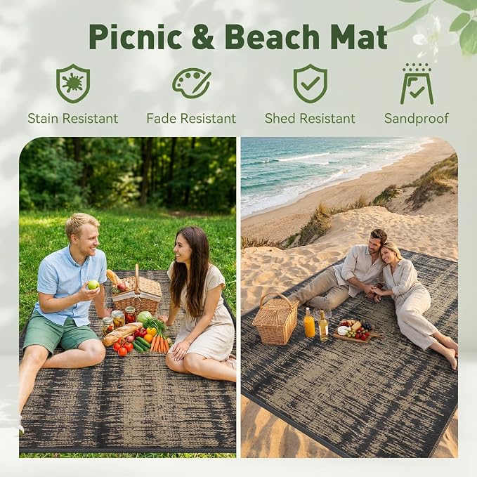 MontVoo Outdoor Rug Waterproof 8x10 ft Outdoor Carpet Patio Rug Mat Reversible RV Camping Rug Plastic Straw Outside Rug for Balcony Porch Deck Picnic Beach Modern Black Brown