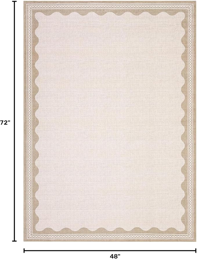 GarveeHome Scalloped 4x6 Rug Non-Slip Washable Low-Pile Carpet - Solid Beige Modern Rugs for Bedroom Living Room Nursery Kitchen Entryway Indoor Mat with Rubber Back