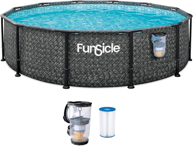 Funsicle Oasis Designer 12' x 36" Round Above Ground Swimming Pool, Includes FiltraBoost 800 GPH Filter Pump with AutoSkimmer, Type D Filter Cartridge & Repair Patch, Dark Herringbone