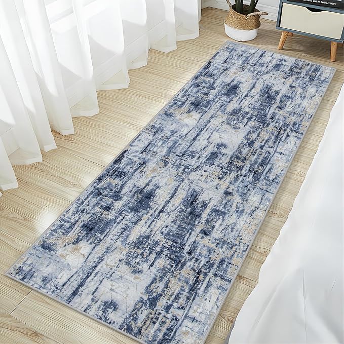 2'6''x8' Runner Rugs Washable Rug: Modern Abstract Hallway Blue Gold Carpet | Non-slip TPE backing makes this washable soft low-pile rug safe & durable, Pet-friendly decor for dining room,nursery,office