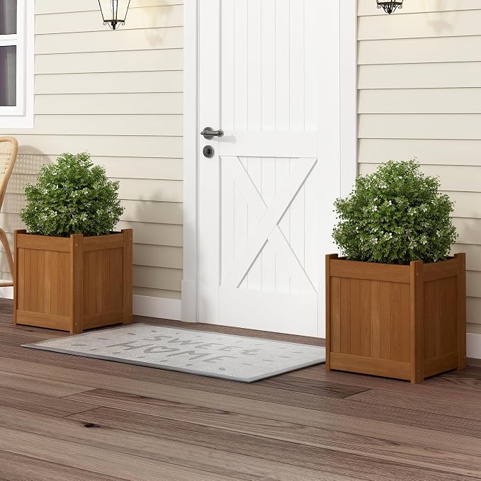 Furinno TIOMAN Planter Box, Hardwood Flower Box, Cube Garden Box, in Teak Oil, Outdoor Indoor, Garden, Patio, Balcony, Light Wood
