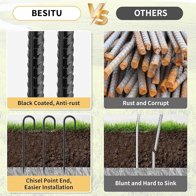 Besitu 16 Inches 24-Pack J Hook Rebar Stakes Heavy Duty Tent Stakes with Chisel Point End, Steel Ground Anchors Metal Garden Stakes Chain Link Fence Stakes Black Coated