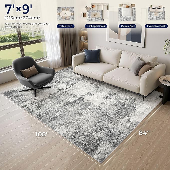 DMOYEST 7x9 Area Rug for Living Room Washable Abstract Indoor Carpet | Neutral Modern Low Pile Rugs Kid & Pet Friendly Large Soft Thin Carpet for Bedroom Dining Room and Office - Grey
