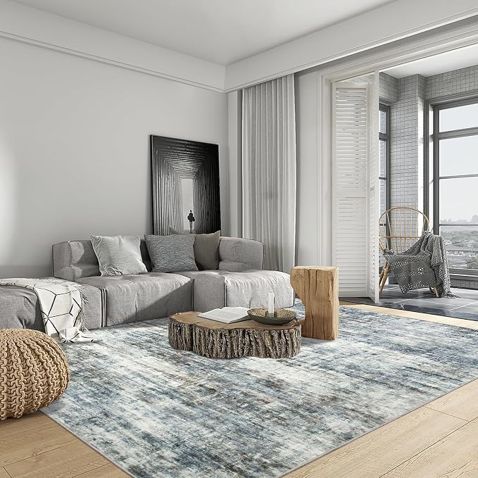 10x14 Area Rugs for Living Room: Washable Abstract Blue Multi Carpet | Non-slip TPE backing makes this washable soft low-pile rug safe & durable, Pet-friendly decor for dining room,nursery,office