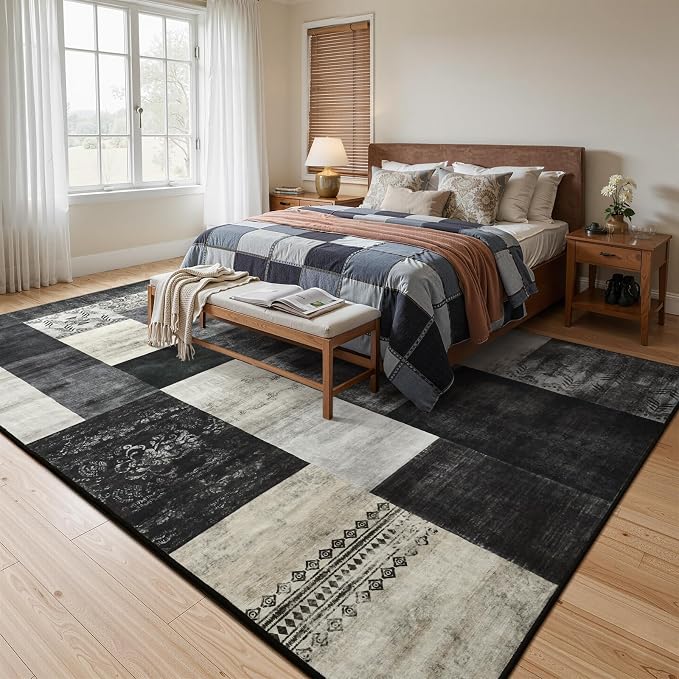 Washable Area Rugs 8x10 for Living Room, Large Modern Geometric Black White Soft Patchwork Carpet, Non-Slip Stain Resistant Throw Rug for Bedroom Dining Room Office Home Decor