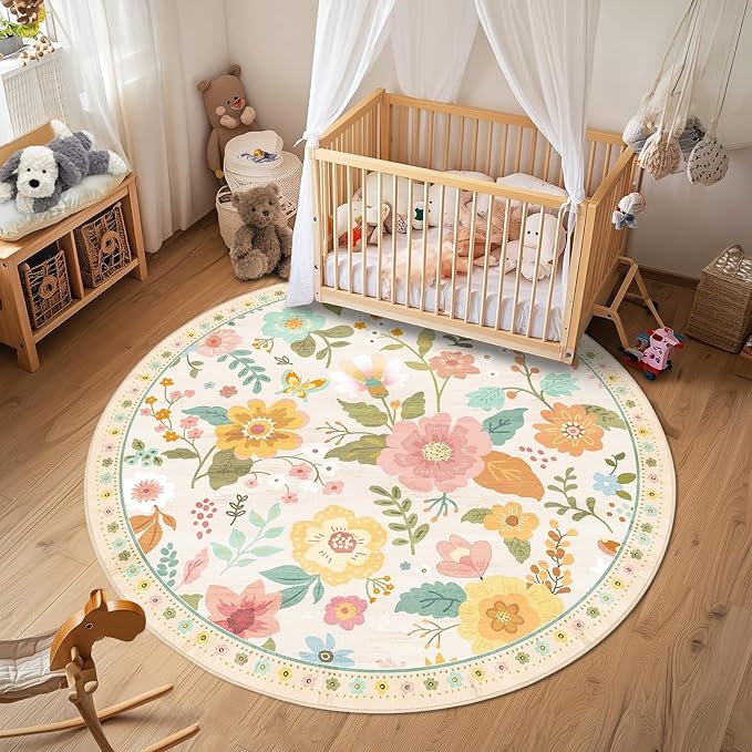 RELEANY Floral Washable Round 6ft Area Rug Beige/White/Orange | Flower Carpet, Print, Boho, Non-Slip, Easy to Clean, Soft, Low Pile for Living Room Bedroom Kitchen Office Entryway Hallway