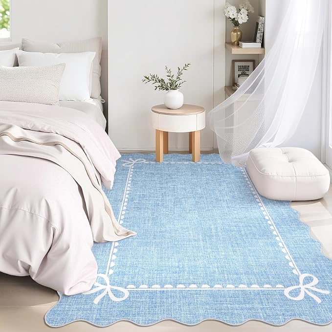 GarveeHome Scalloped Bow Rug 3x5 Washable Blue Rugs for Bedroom Living Room | Non Slip Soft Low Pile Indoor Carpet for Nursery Girls Bedroom Decor Hallway Kids Room College Dorm Playroom
