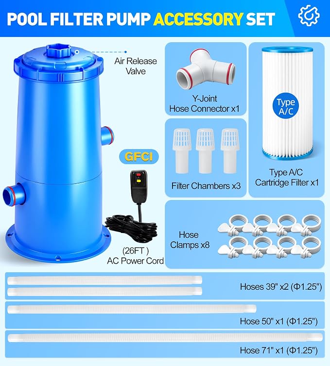 DeeprClean 1000 GPH Pool Filter Pump for Above Ground Pools with GFCI-Blue | Type A/C Cartridge Filter Pump System, Safety ETL Listed Above Ground Pool Pump, Improved Water Circulation & Filtration