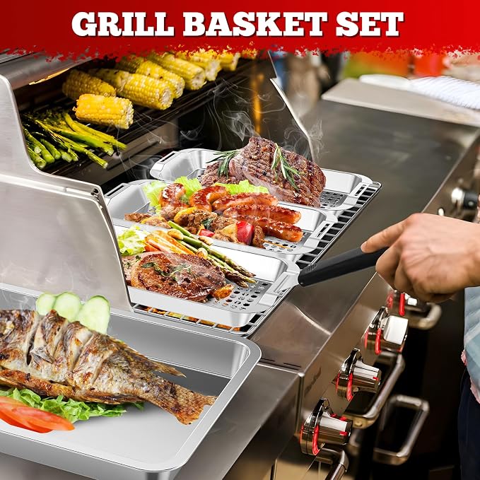 Grill Baskets 6-Piece Grill Baskets for Outdoor Grill Stainless Steel Grilling Basket BBQ Grilling Accessories for Grills Smokers Vegetable Grill Basket