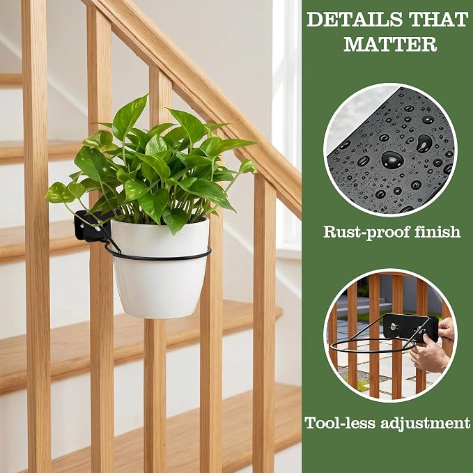 Adjustable Width Railing Plant Holder - 3pc Metal Railscapes Plant Holder Between Rails, 8.6 Inches Rustproof Plant Hangers for Railings Balcony or Stair