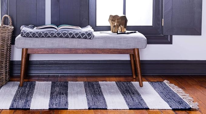Unique Loom Chindi Rag Collection Area Rug - Striped (2' 2" x 8' Runner, Navy Blue/ Ivory)