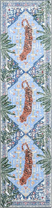 Oriental Tropical Hallway Runner Rug 2x6 Washable, Thin Stain Resistant Blue Boho Runner Rug for Entryway Kitchen Bedroom Laundry, Vintage Abstract Hippie Indian Botanical Long Floor Carpet