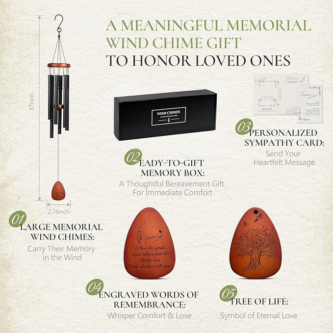 37" Memorial Wind Chimes for Loss of Loved One – Sympathy & Bereavement Gift for Mom, Dad, Husband, or Grandparents, Outdoor Garden Decor with Deep Soothing Tone