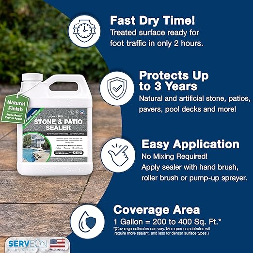 Natural Stone & Patio Sealer (Clear Natural Finish) Penetrating Commercial Grade Outdoor Indoor Natural Stone Grout Sealer - Protects Pavers Pools Patios Decorative Landscape Stones (1 Gallon) H2100S2