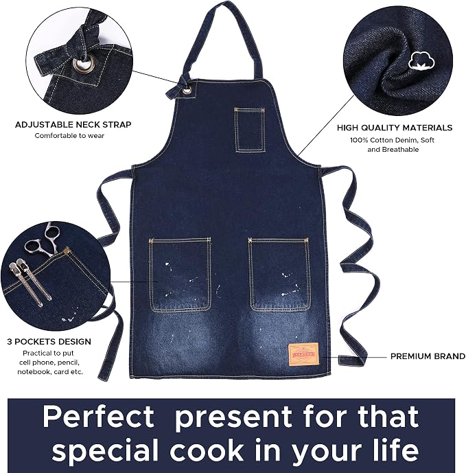 Denim Chef Apron for Women with Pockets, Jean Waitress Server Kitchen Apron for Men Cooking Gardening Painting