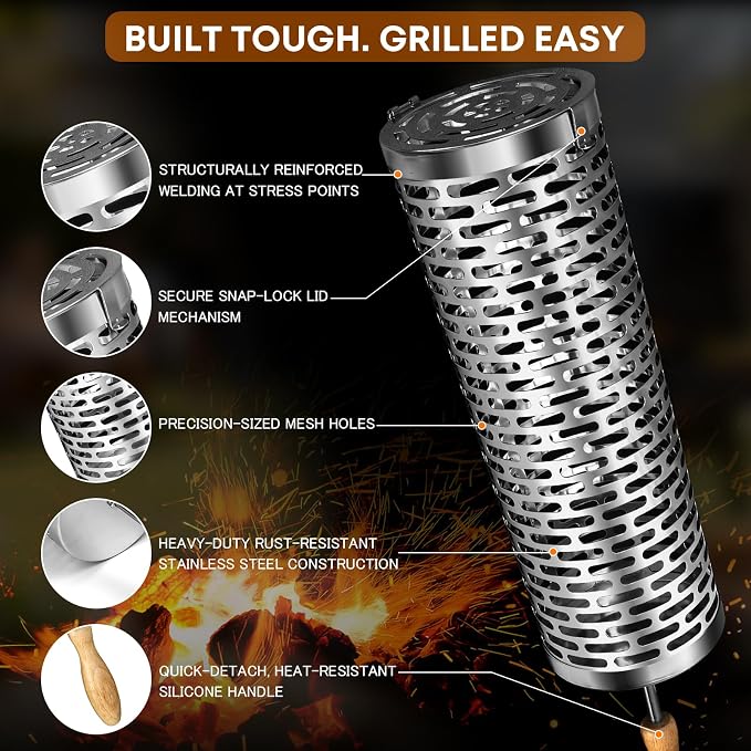 Rolling Grill Basket for Outdoor Grill, BBQ Cage for Vegetable/Veggies 2pcs | Stainless Steel Roll Barbeque Basket with Handle Heat Resistant, Non-slip Large Capacity to Grill Seafood Sausage for Camping